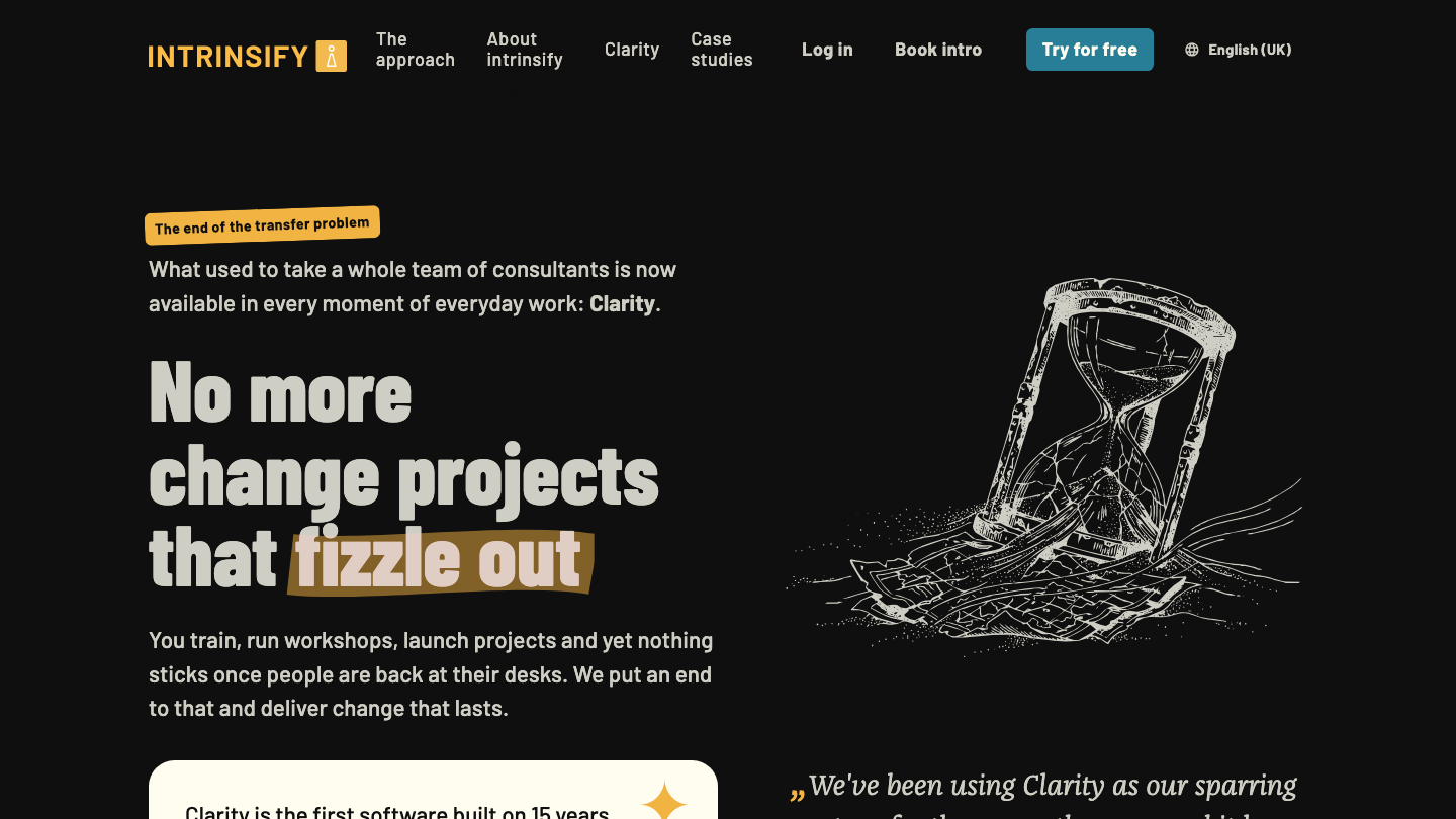 Screenshot der englischen Clarity-Website mit der Überschrift »No more change projects that fizzle out«